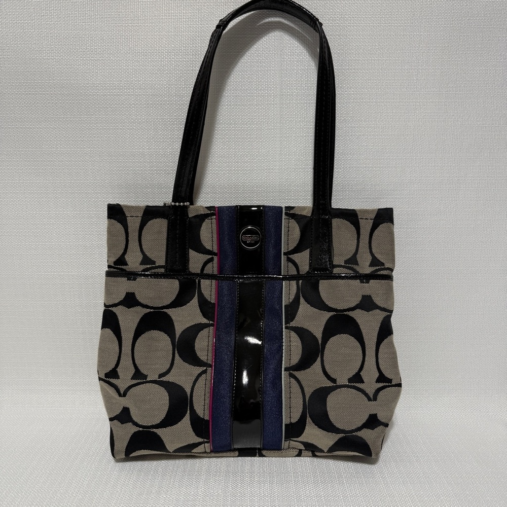 Coach Signature Shoulder Purse Tote Black Grey Bl… - image 1